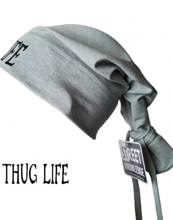 Бийни шапка в сиво с бродерия Thug life Beanie Street Knowledge, Шапки бийнита - Hoodstyle.bg