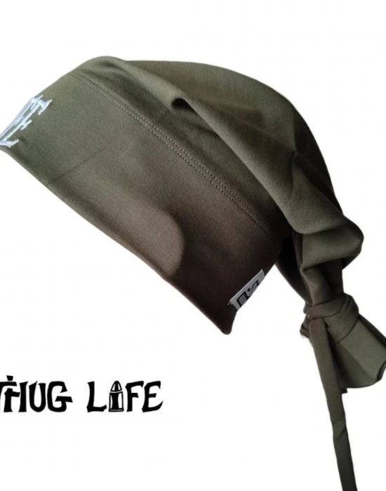 Бийни шапка в цвят каки с бродерия Thug life tattoo Street Knowledge, Шапки бийнита - Hoodstyle.bg
