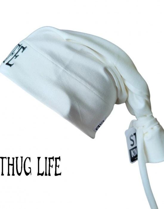 Бийни шапка в бяло с бродерия Thug life Beanie Street Knowledge, Шапки бийнита - Hoodstyle.bg