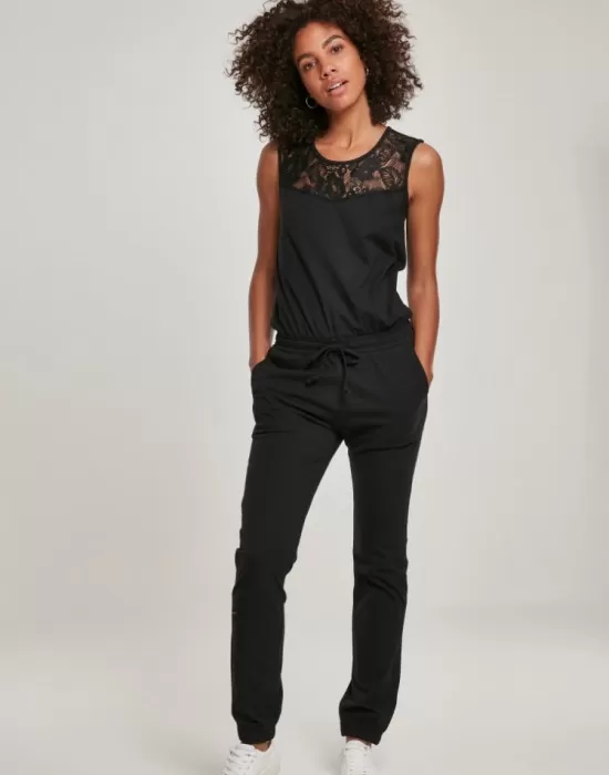 Дамски гащеризон с дантела в черен цвят Urban Classics Ladies Lace Block Jumpsuit, Панталони - Hoodstyle.bg