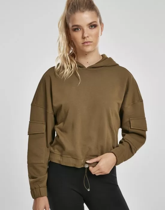 Дамски суичър в цвят маслина Urban Classics Ladies Short Worker Hoody, Суичъри - Hoodstyle.bg