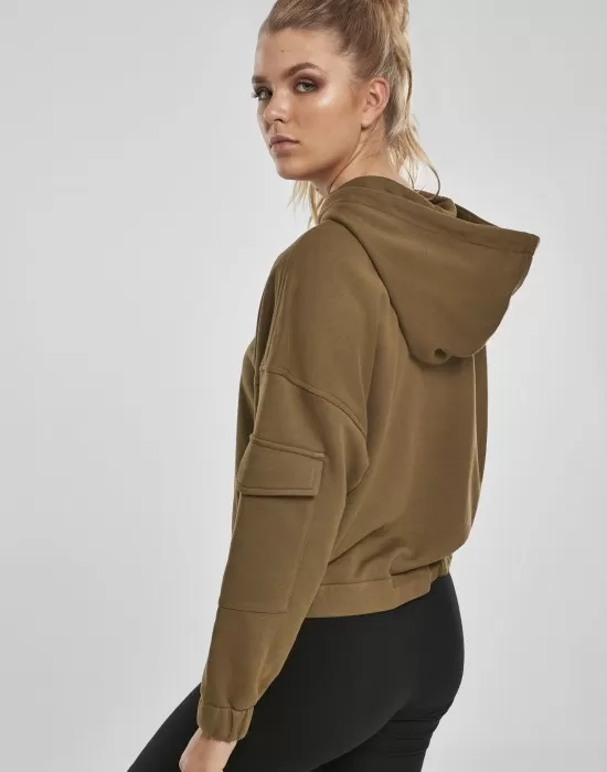 Дамски суичър в цвят маслина Urban Classics Ladies Short Worker Hoody, Суичъри - Hoodstyle.bg