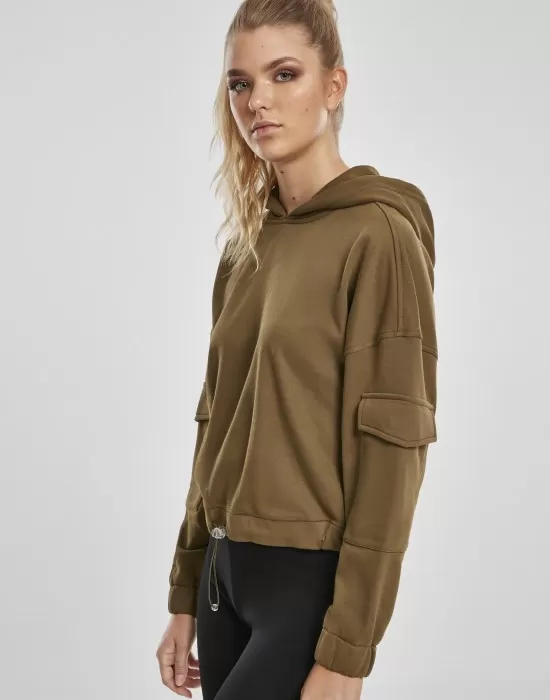 Дамски суичър в цвят маслина Urban Classics Ladies Short Worker Hoody, Суичъри - Hoodstyle.bg