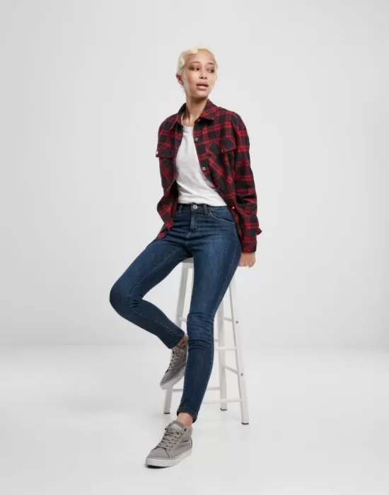 Дамска карирана риза в тъмносиньо и червено Urban Classics Ladies Oversized Overshirt midnightnavy/red, Жилетки - Hoodstyle.bg