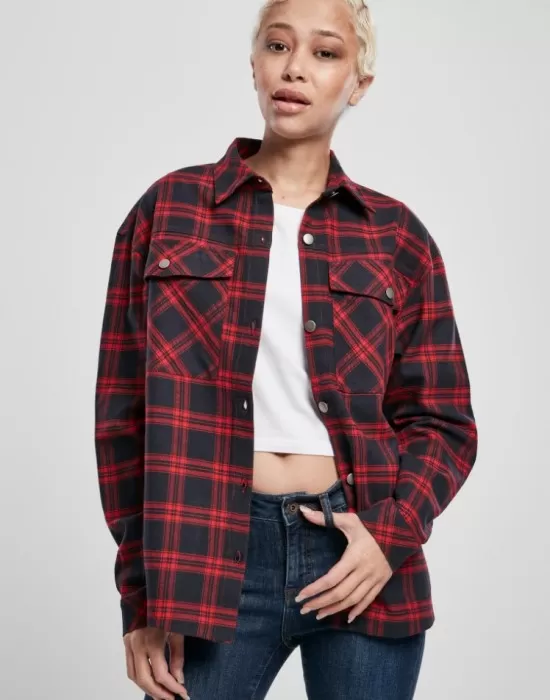 Дамска карирана риза в тъмносиньо и червено Urban Classics Ladies Oversized Overshirt midnightnavy/red, Жилетки - Hoodstyle.bg