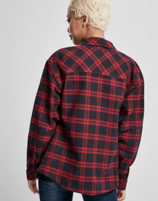 Дамска карирана риза в тъмносиньо и червено Urban Classics Ladies Oversized Overshirt midnightnavy/red, Жилетки - Hoodstyle.bg