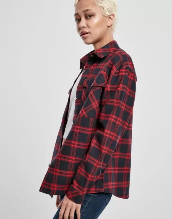 Дамска карирана риза в тъмносиньо и червено Urban Classics Ladies Oversized Overshirt midnightnavy/red, Жилетки - Hoodstyle.bg