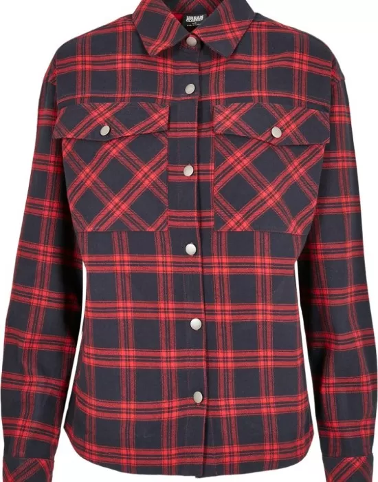 Дамска карирана риза в тъмносиньо и червено Urban Classics Ladies Oversized Overshirt midnightnavy/red, Жилетки - Hoodstyle.bg