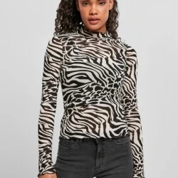 Дамска блуза в черно и бяло Urban Classics Ladies AOP Mesh Turtleneck Longsleeve