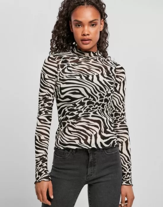 Дамска блуза в черно и бяло Urban Classics Ladies AOP Mesh Turtleneck Longsleeve, Блузи - Hoodstyle.bg