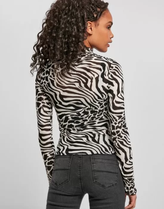 Дамска блуза в черно и бяло Urban Classics Ladies AOP Mesh Turtleneck Longsleeve, Блузи - Hoodstyle.bg