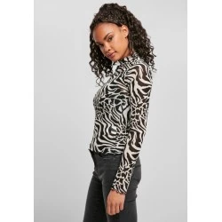Дамска блуза в черно и бяло Urban Classics Ladies AOP Mesh Turtleneck Longsleeve