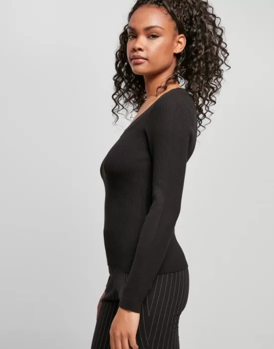 Дамски пуловер в черен цвят Urban Classics Ladies Wide Neckline Sweater, Блузи - Hoodstyle.bg