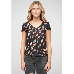 Тениска T-Shirt mit V-Neck und Spitzenansatz black XXL