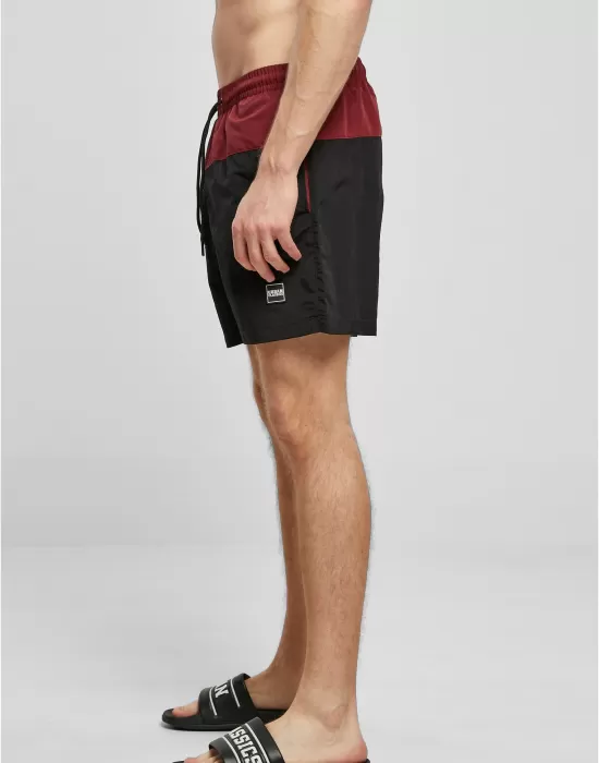 Мъжки плувни шорти в тъмночервен цвят Urban Classics Block Swim Shorts