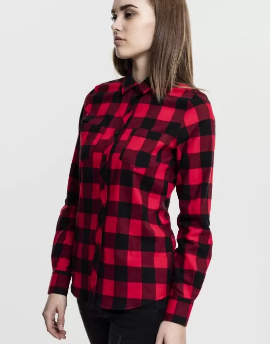 Дамска карирана риза в черно и червено Urban Classics Ladies Turnup Checked Flanell Shirt, Блузи - Hoodstyle.bg