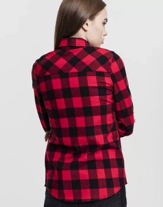 Дамска карирана риза в черно и червено Urban Classics Ladies Turnup Checked Flanell Shirt, Блузи - Hoodstyle.bg