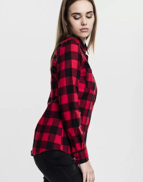 Дамска карирана риза в черно и червено Urban Classics Ladies Turnup Checked Flanell Shirt, Блузи - Hoodstyle.bg