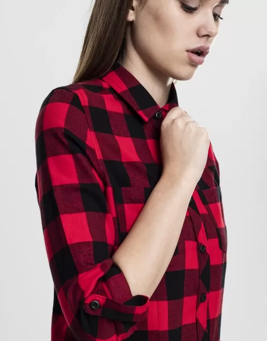 Дамска карирана риза в черно и червено Urban Classics Ladies Turnup Checked Flanell Shirt, Блузи - Hoodstyle.bg