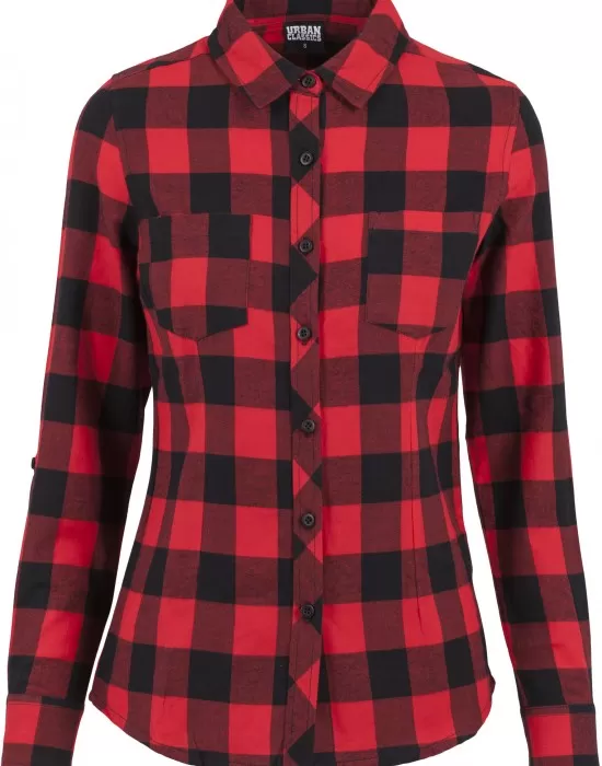 Дамска карирана риза в черно и червено Urban Classics Ladies Turnup Checked Flanell Shirt, Блузи - Hoodstyle.bg
