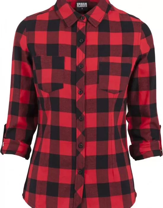 Дамска карирана риза в черно и червено Urban Classics Ladies Turnup Checked Flanell Shirt, Блузи - Hoodstyle.bg