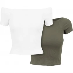 Комплект от два броя дамски топ Urban Classics Ladies Off Shoulder white/olive