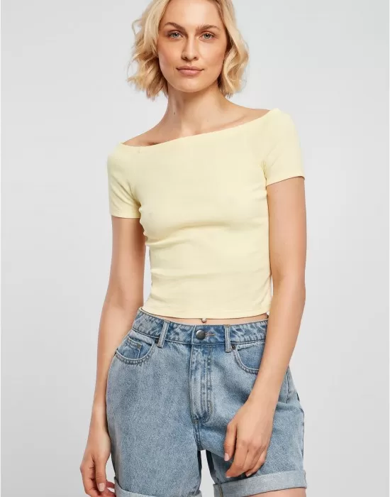 Дамски топ в светложълто Ladies Off Shoulder Rib Tee, Тениски - Hoodstyle.bg