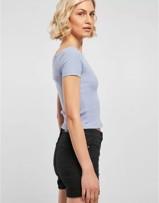 Дамски топ в светлосиньо Ladies Off Shoulder Rib Tee, Тениски - Hoodstyle.bg