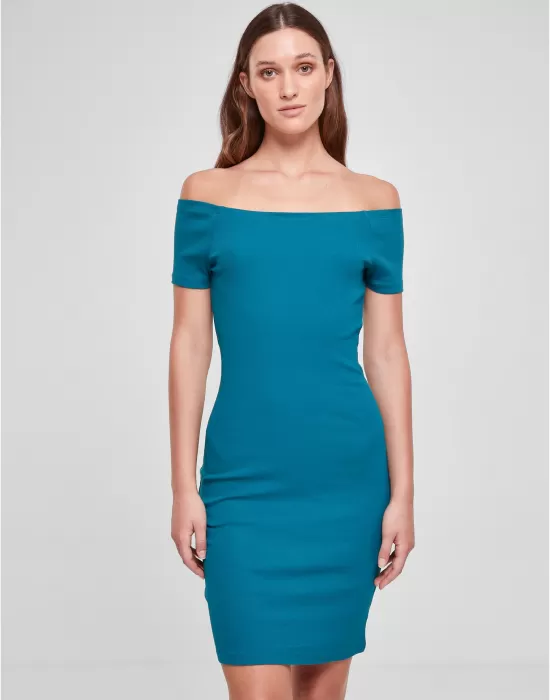 Дамска рокля с паднали ръкави в цвят тюркоаз Urban Classics Off Shoulder Dress, Рокли - Hoodstyle.bg