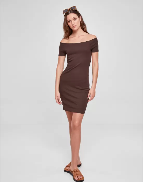Дамска рокля с паднали ръкави в кафяв цвят Urban Classics Off Shoulder Dress, Рокли - Hoodstyle.bg
