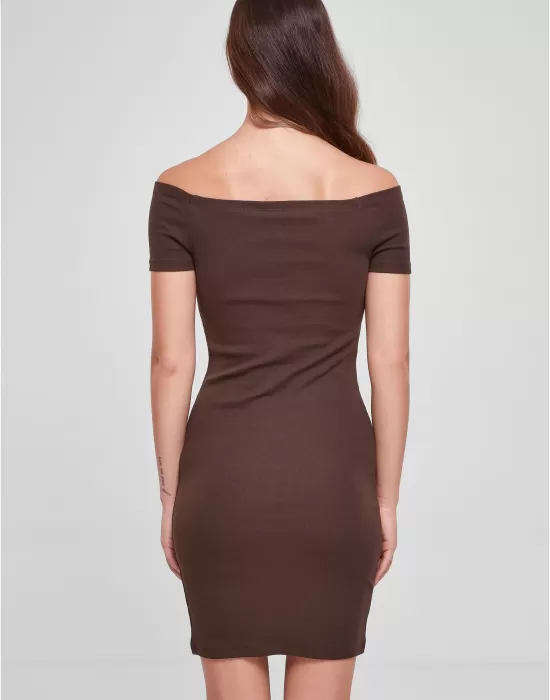 Дамска рокля с паднали ръкави в кафяв цвят Urban Classics Off Shoulder Dress, Рокли - Hoodstyle.bg