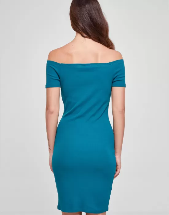 Дамска рокля с паднали ръкави в цвят тюркоаз Urban Classics Off Shoulder Dress, Рокли - Hoodstyle.bg