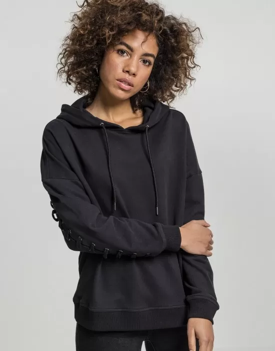 Дамски суичър в черно Urban Classics Ladies Laced-Up Hoody, Суичъри - Hoodstyle.bg