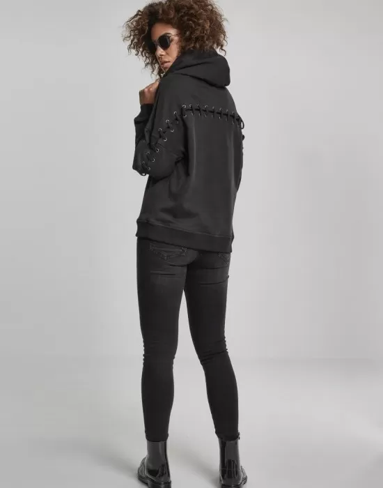 Дамски суичър в черно Urban Classics Ladies Laced-Up Hoody, Суичъри - Hoodstyle.bg