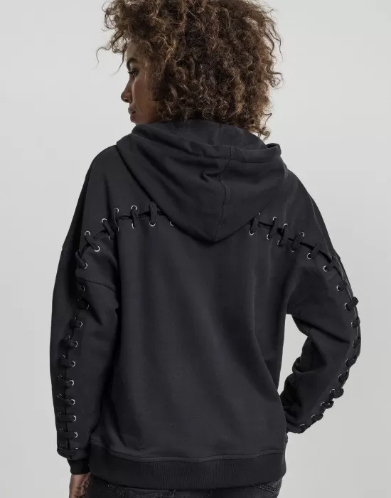 Дамски суичър в черно Urban Classics Ladies Laced-Up Hoody, Суичъри - Hoodstyle.bg