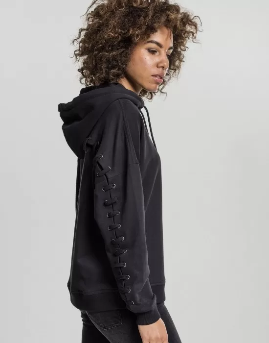Дамски суичър в черно Urban Classics Ladies Laced-Up Hoody, Суичъри - Hoodstyle.bg