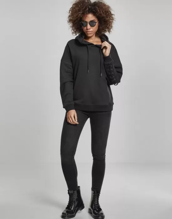 Дамски суичър в черно Urban Classics Ladies Laced-Up Hoody, Суичъри - Hoodstyle.bg