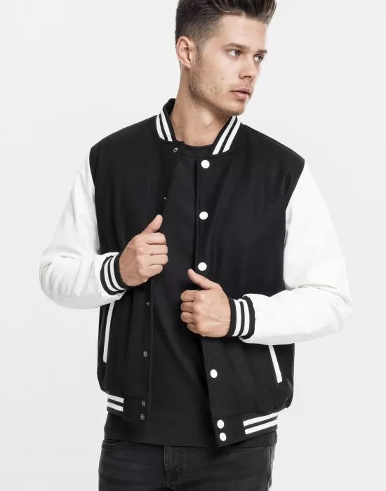 Мъжко колежанско яке Urban Classics blk/wht с кожени ръкави, Колежански - Hoodstyle.bg