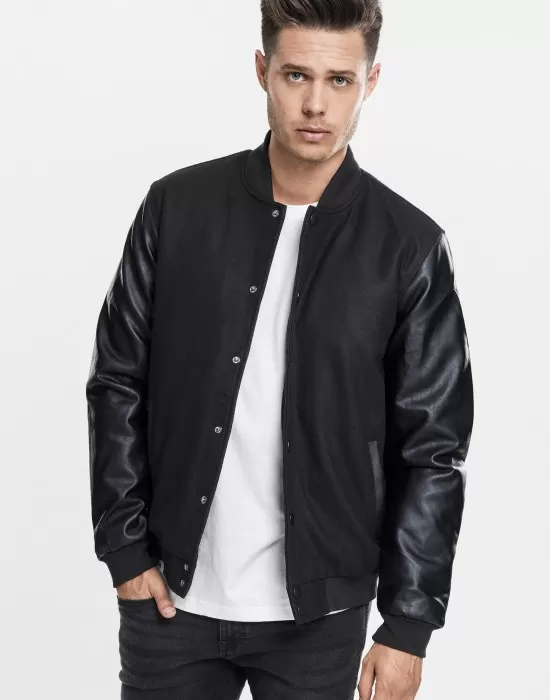 Мъжко колежанско яке Urban Classics blk/blk с кожени ръкави, Колежански - Hoodstyle.bg