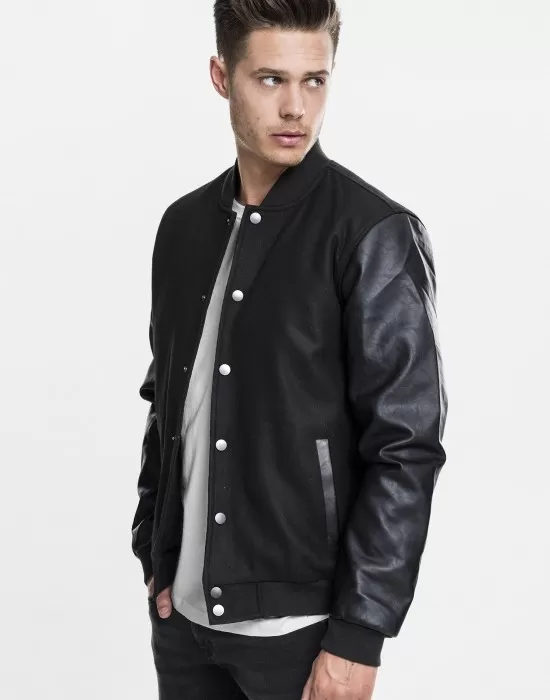 Мъжко колежанско яке Urban Classics blk/blk с кожени ръкави, Колежански - Hoodstyle.bg