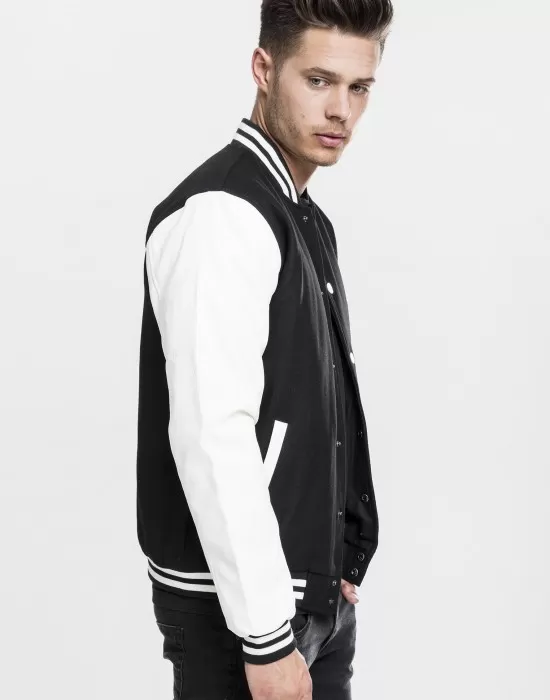 Мъжко колежанско яке Urban Classics blk/wht с кожени ръкави, Колежански - Hoodstyle.bg