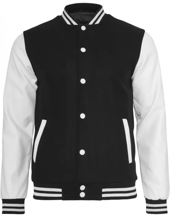 Мъжко колежанско яке Urban Classics blk/wht с кожени ръкави, Колежански - Hoodstyle.bg