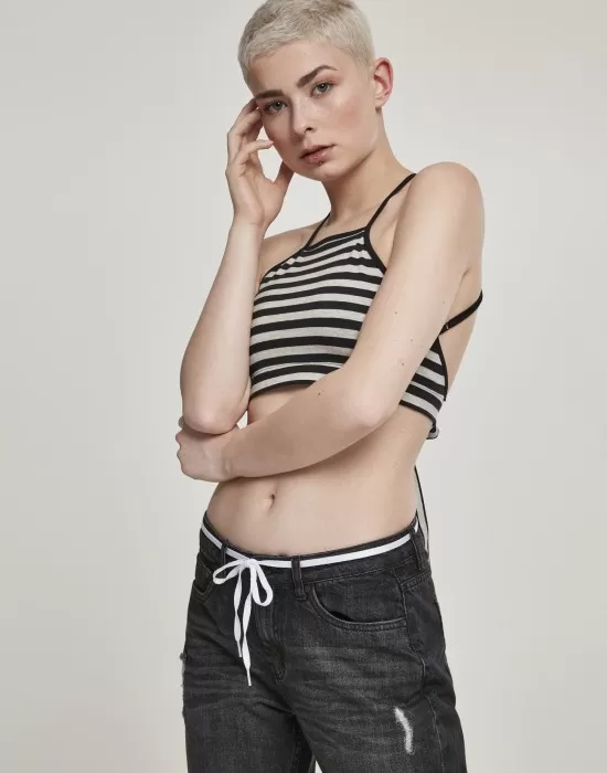 Дамски топ в сиво и черно райе Urban Classics Ladies Triangle Top black/grey, Топове - Hoodstyle.bg