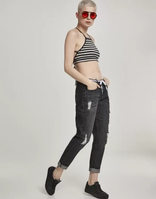 Дамски топ в сиво и черно райе Urban Classics Ladies Triangle Top black/grey, Топове - Hoodstyle.bg