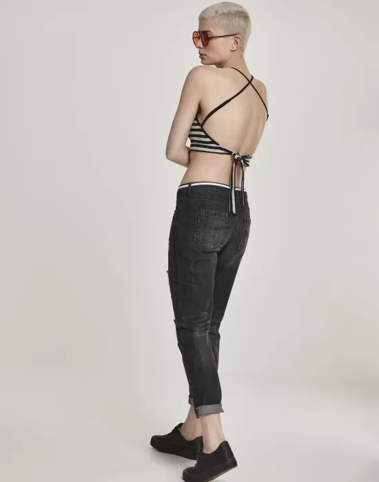 Дамски топ в сиво и черно райе Urban Classics Ladies Triangle Top black/grey, Топове - Hoodstyle.bg