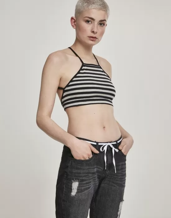 Дамски топ в сиво и черно райе Urban Classics Ladies Triangle Top black/grey, Топове - Hoodstyle.bg
