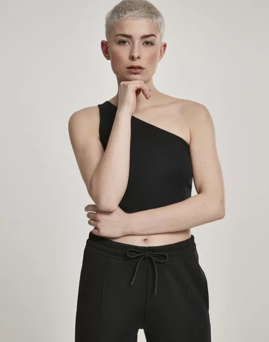 Дамски къс топ с едно рамо Urban Classics в черно, Топове - Hoodstyle.bg