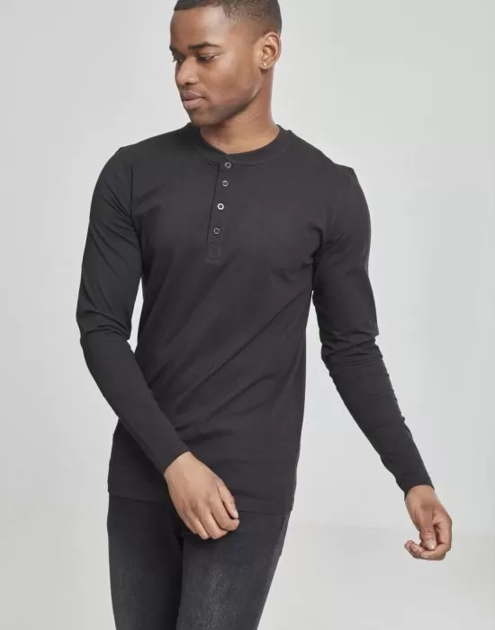 Мъжка памучна блуза с копчета Urban Classics Basic Henley в черно, Блузи - Hoodstyle.bg