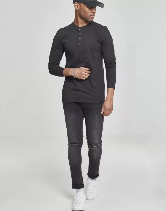 Мъжка памучна блуза с копчета Urban Classics Basic Henley в черно, Блузи - Hoodstyle.bg