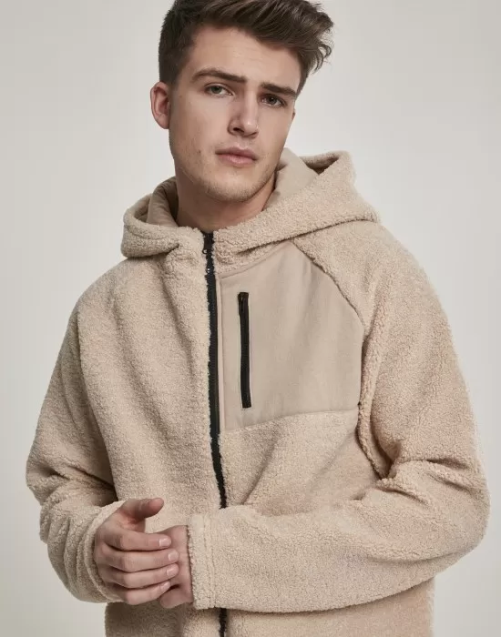 Мъжко яке в пясъчен цвят от Urban Classics Hooded Sherpa Zip, Зимни якета - Hoodstyle.bg